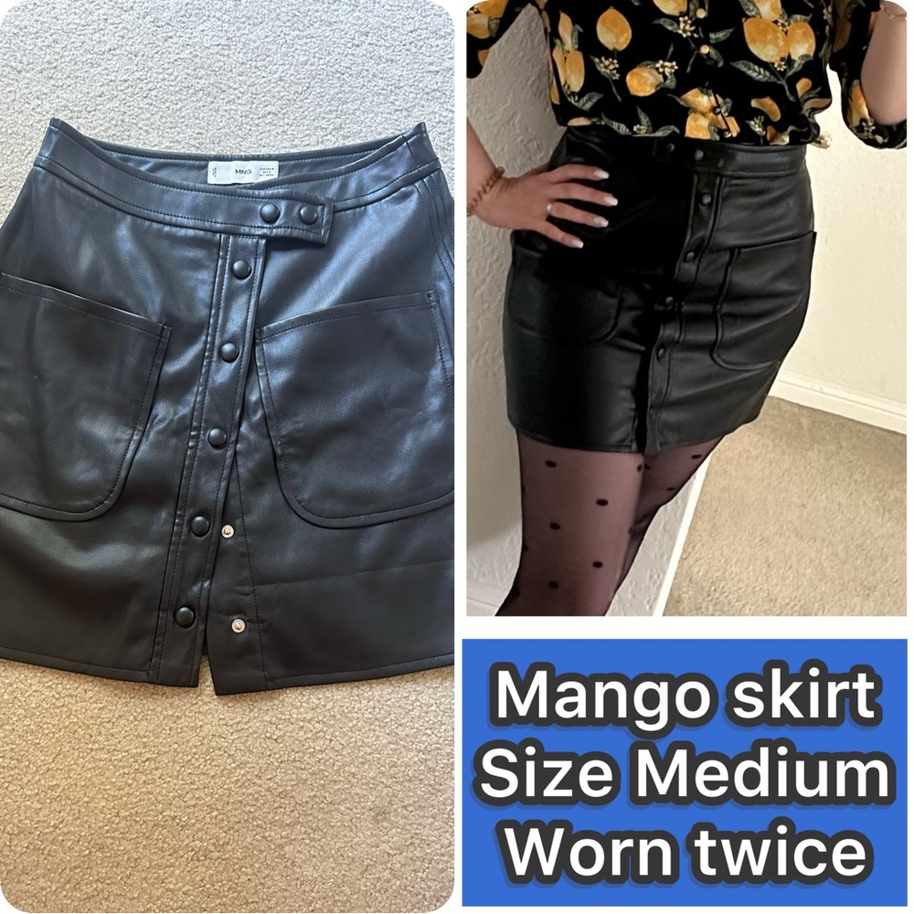 Mango Black Leather Skirt with Button Accents